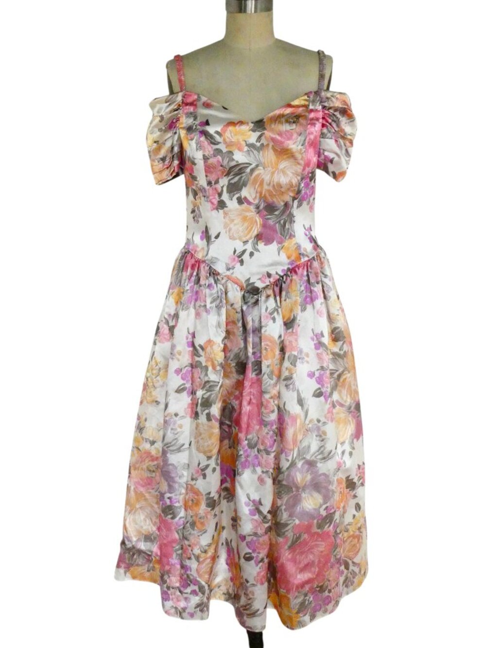 vtg 80s ALGO floral print satin dress sz 7/8 M